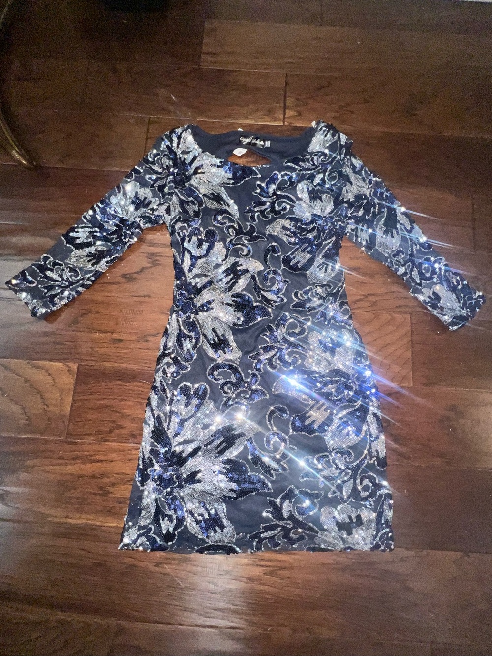 Crystal Doll Navy and Silver Sequin Floral Mini Dress